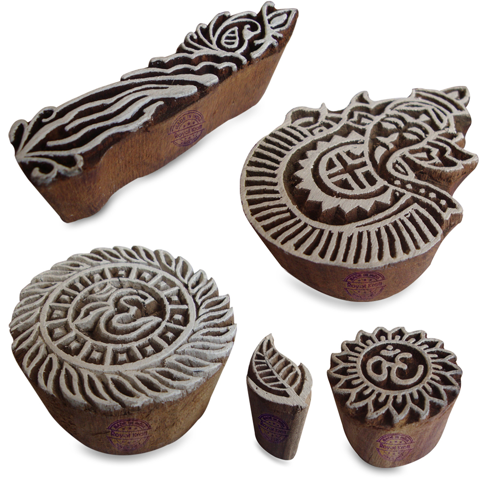 Indian Religious and Floral Pattern Wooden Printing Blocks (Set of 5)