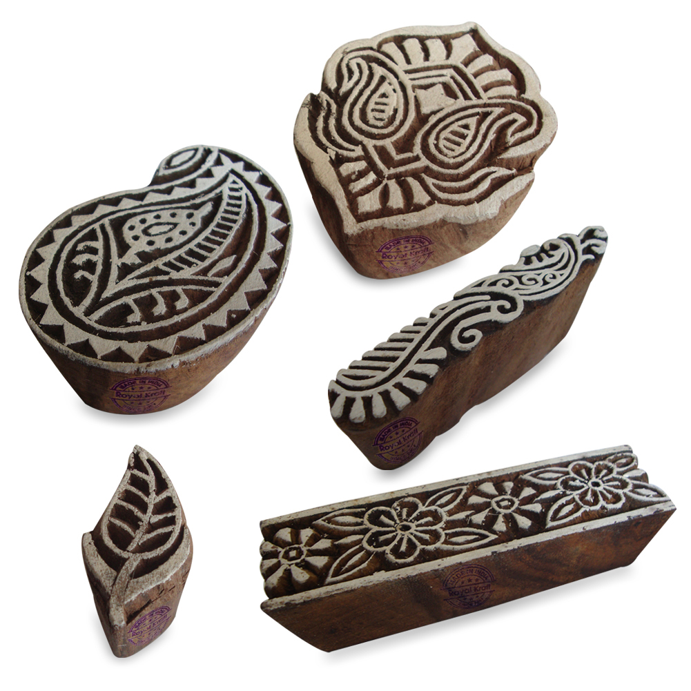 Handmade Paisley and Floral Designs Wooden Printing Stamps (Set of 5)
