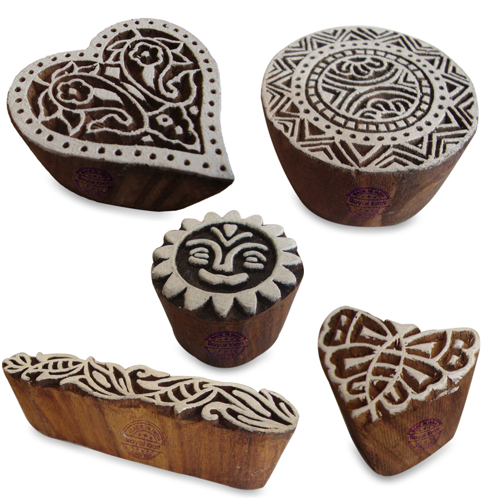 Hand Carved Floral and Heart Motif Wooden Stamps for Printing (Set of 5)