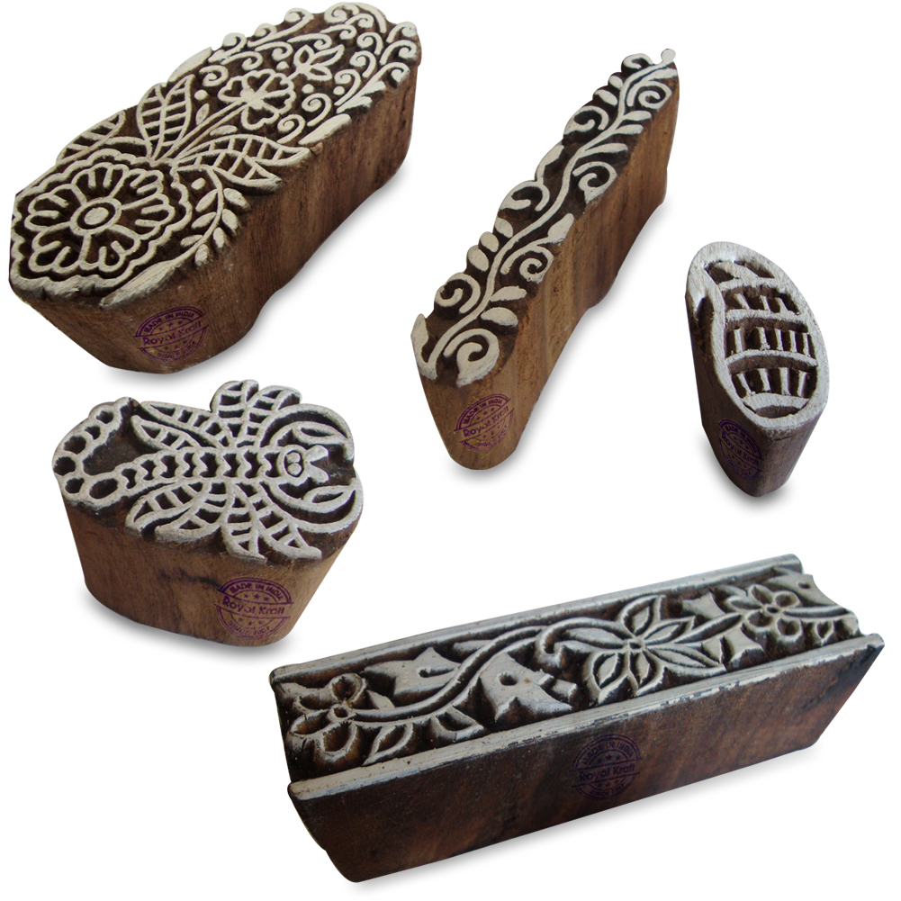 Hand Made Scorpio and Floral Pattern Wooden Blocks for Printing (Set of 5)